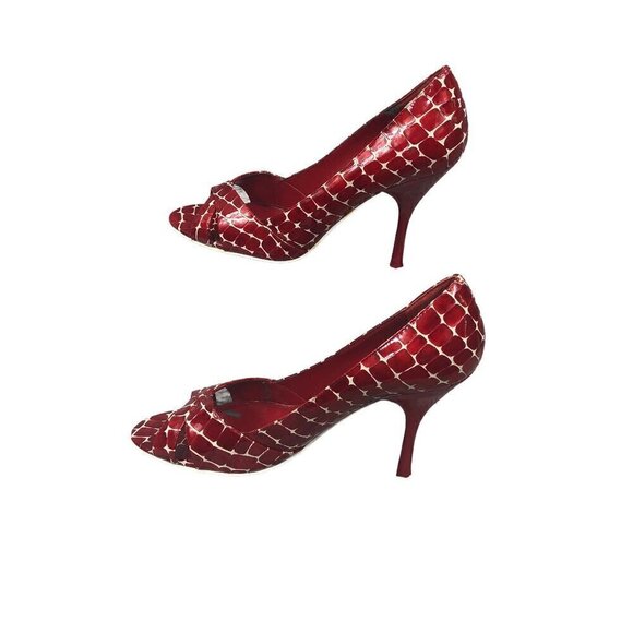 Enzo Angiolini Open Toe Red Giraffe Print Heels Pumps Size 8.5 - Picture 1 of 10